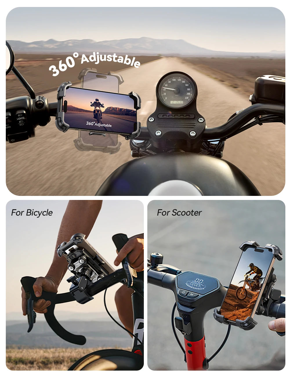 Motorcycle Phone Mount with Anti-Vibration and Adjustable Arm