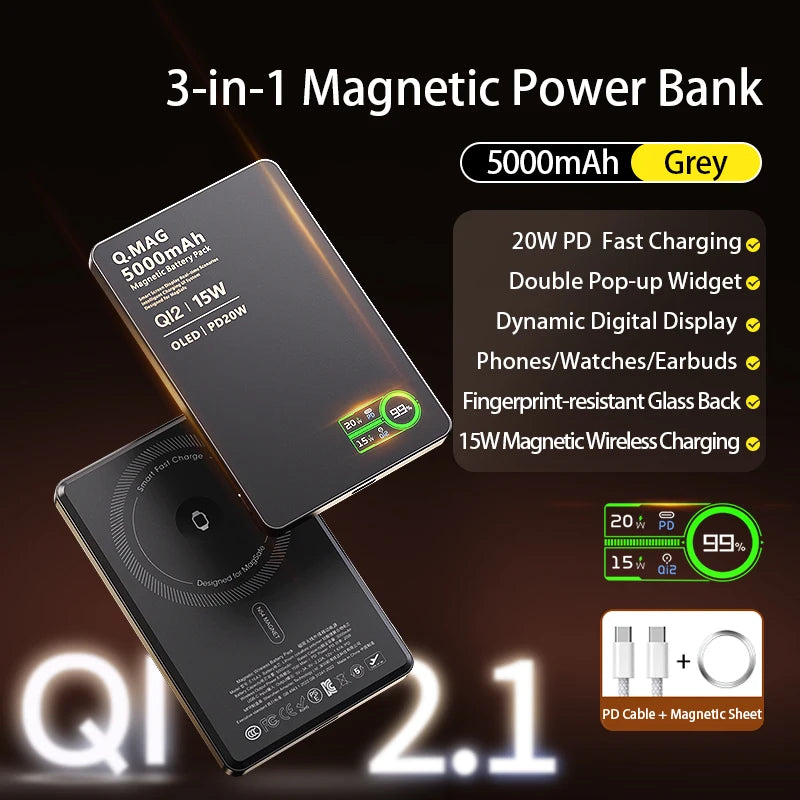 Magnetic 3-in-1 Wireless Power Bank – 5000mAh | 20W PD Fast Charge | N54 Magnetic Core | OLED Display