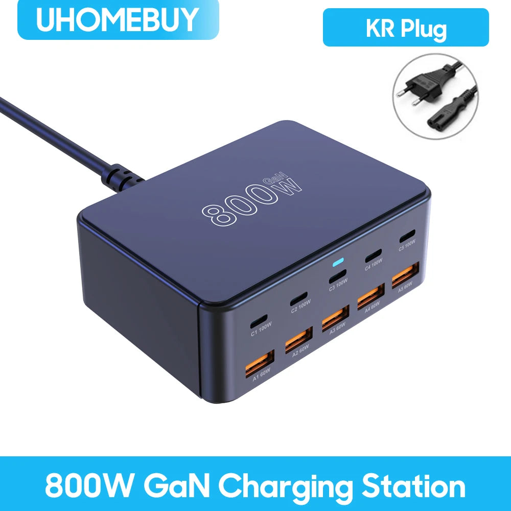 800W GaN Ultra-Fast Charging Station – 10-Port Premium USB-C & USB-A Power Hub