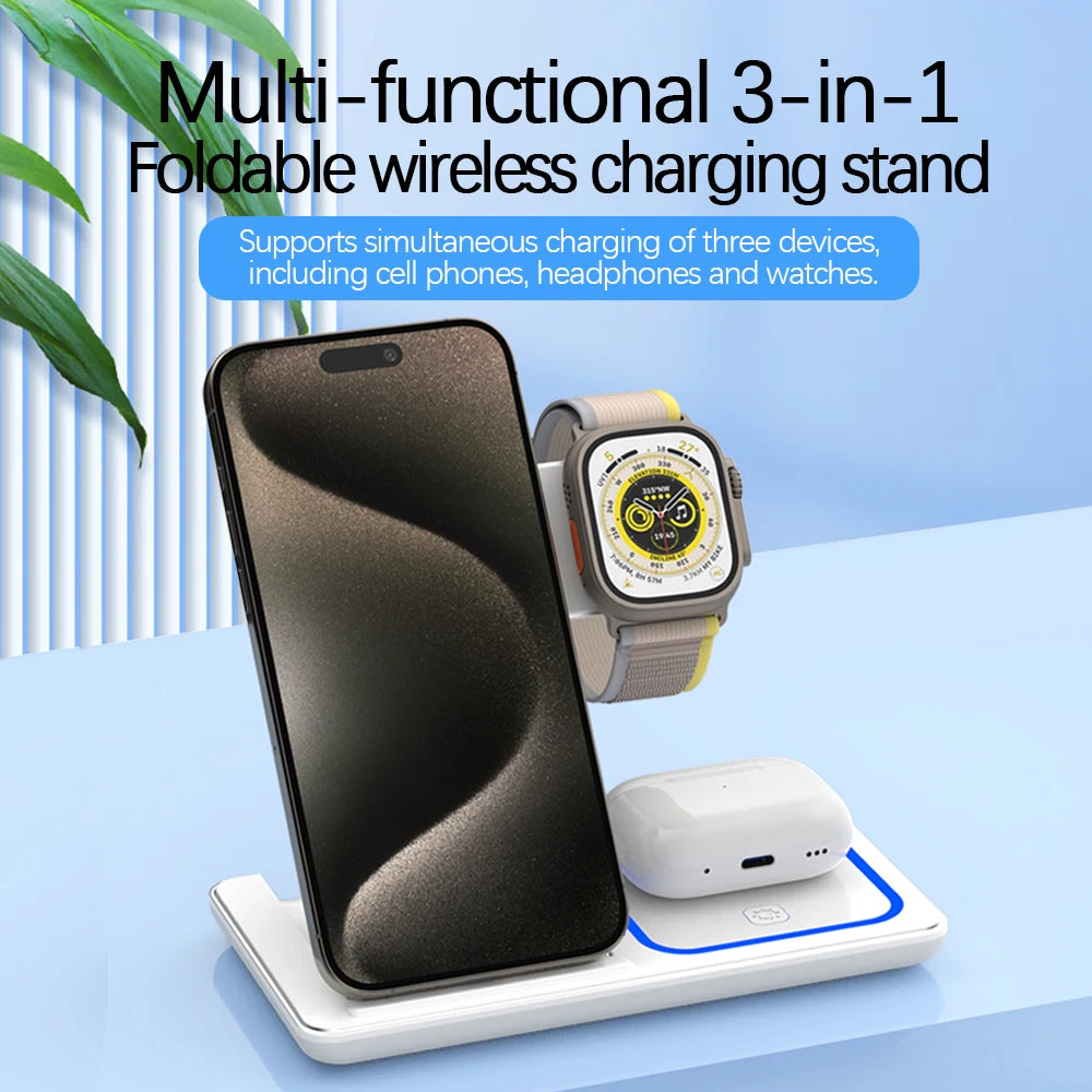 3-in-1 Foldable Wireless Charging Station – 30W Fast Charger for Phone, Watch & Earbuds
