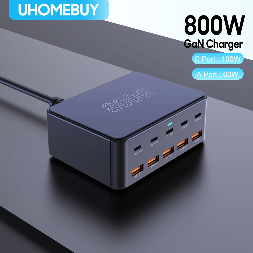 800W GaN Ultra-Fast Charging Station – 10-Port Premium USB-C & USB-A Power Hub