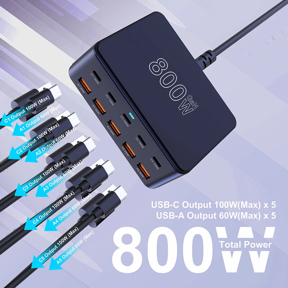 800W GaN Ultra-Fast Charging Station – 10-Port Premium USB-C & USB-A Power Hub