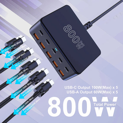 800W GaN Ultra-Fast Charging Station – 10-Port Premium USB-C & USB-A Power Hub