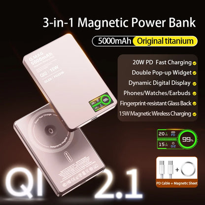 Magnetic 3-in-1 Wireless Power Bank – 5000mAh | 20W PD Fast Charge | N54 Magnetic Core | OLED Display