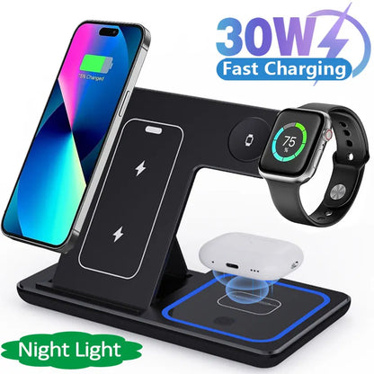 3-in-1 Foldable Wireless Charging Station – 30W Fast Charger for Phone, Watch & Earbuds