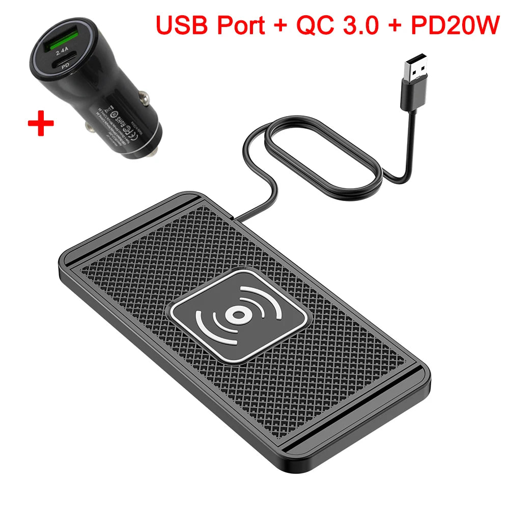 Fast Car Wireless Charging Pad – Non-Slip Qi Charger with USB & Type-C