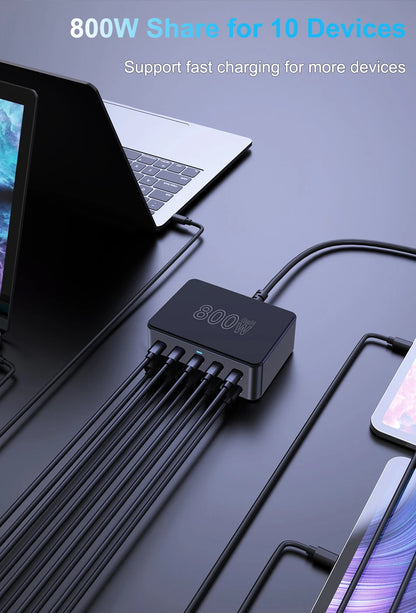 800W GaN Ultra-Fast Charging Station – 10-Port Premium USB-C & USB-A Power Hub