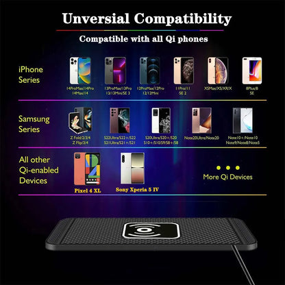 Fast Car Wireless Charging Pad – Non-Slip Qi Charger with USB & Type-C