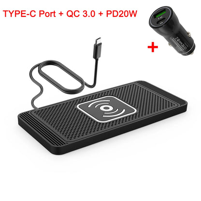 Fast Car Wireless Charging Pad – Non-Slip Qi Charger with USB & Type-C