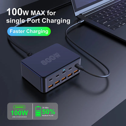 800W GaN Ultra-Fast Charging Station – 10-Port Premium USB-C & USB-A Power Hub