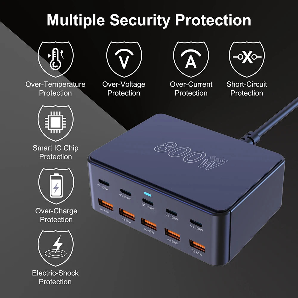 800W GaN Ultra-Fast Charging Station – 10-Port Premium USB-C & USB-A Power Hub