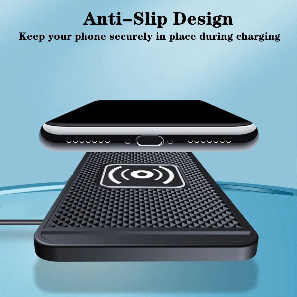 Fast Car Wireless Charging Pad – Non-Slip Qi Charger with USB & Type-C