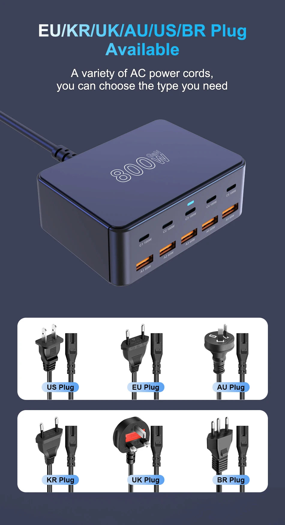 800W GaN Ultra-Fast Charging Station – 10-Port Premium USB-C & USB-A Power Hub