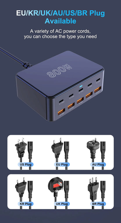 800W GaN Ultra-Fast Charging Station – 10-Port Premium USB-C & USB-A Power Hub