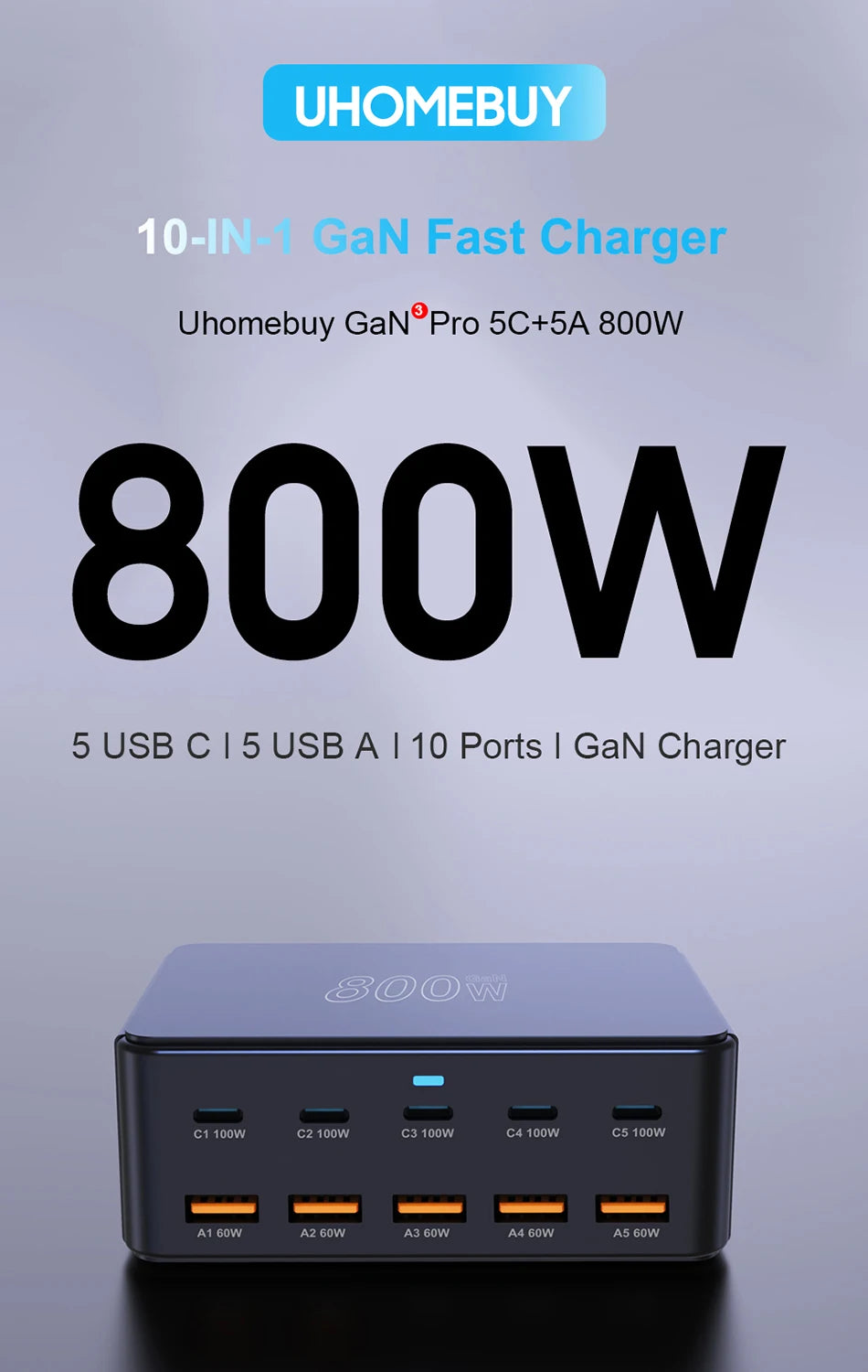 800W GaN Ultra-Fast Charging Station – 10-Port Premium USB-C & USB-A Power Hub