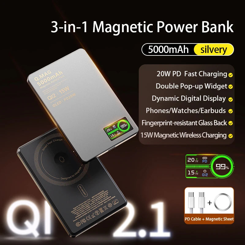 Magnetic 3-in-1 Wireless Power Bank – 5000mAh | 20W PD Fast Charge | N54 Magnetic Core | OLED Display