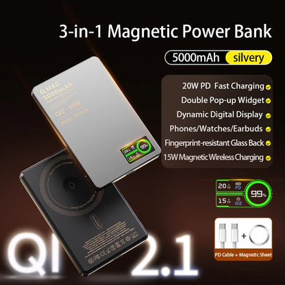 Magnetic 3-in-1 Wireless Power Bank – 5000mAh | 20W PD Fast Charge | N54 Magnetic Core | OLED Display