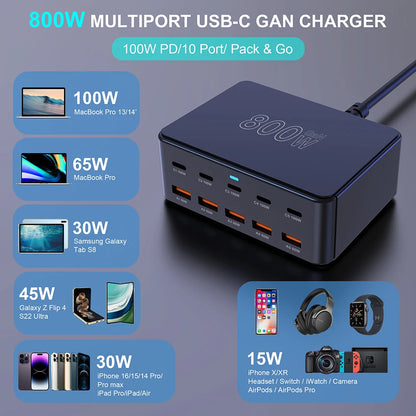 800W GaN Ultra-Fast Charging Station – 10-Port Premium USB-C & USB-A Power Hub